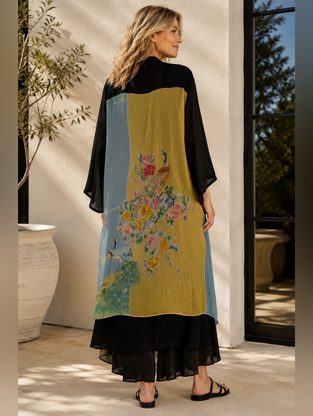 Citron Santa Monica 2 Ply Silk Peacock & Floral Print Kimono Duster, size 1X
